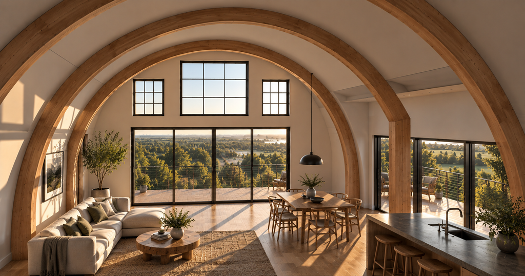 Barrel House living and dining space with exposed curved timber ribs and large rectangular windows overlooking the landscape.