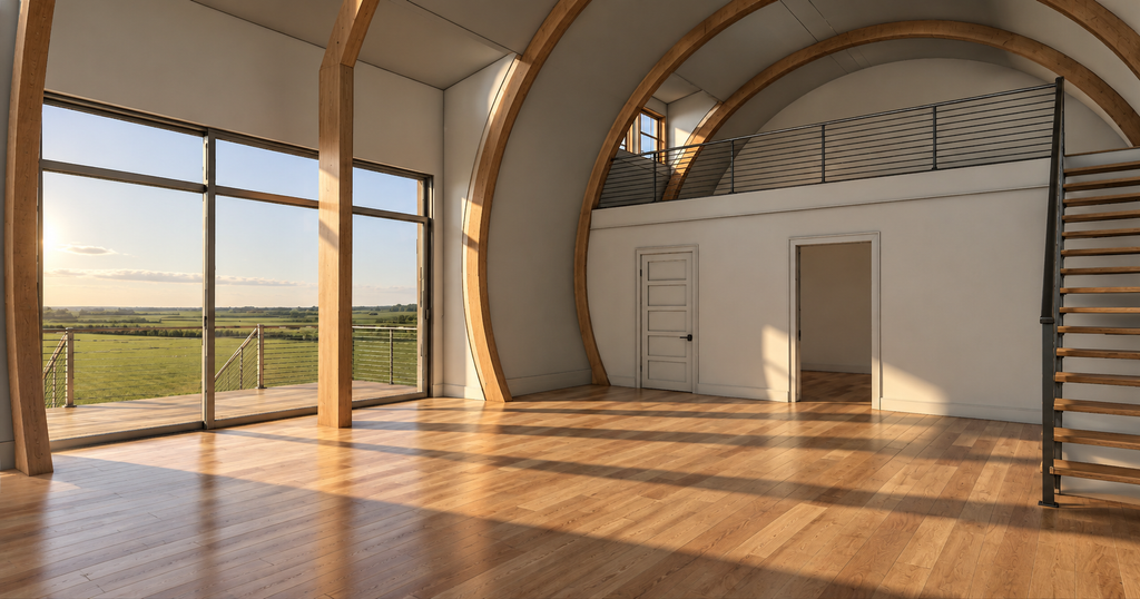 Unfinished Barrel House interior showing the curved timber structure, loft, open living area and depth created by the shell.