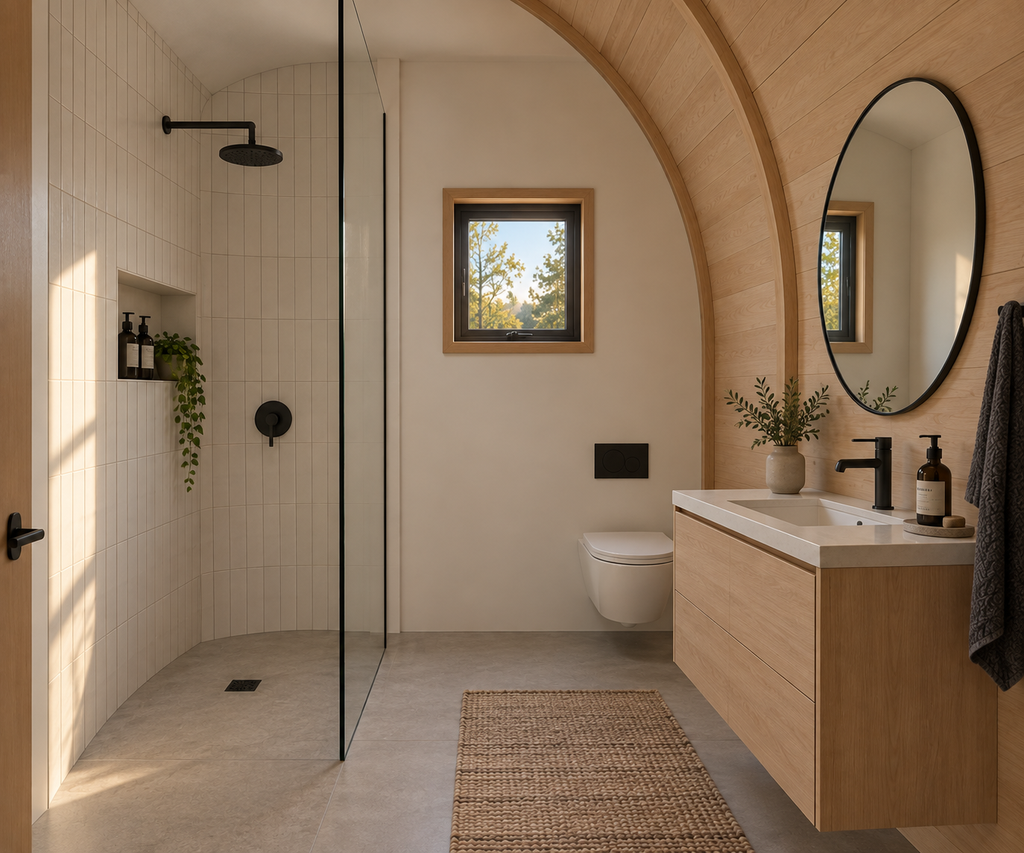 Compact Barrel House bathroom using the curved wall for character, with a simple shower, wall-hung toilet and wood vanity.