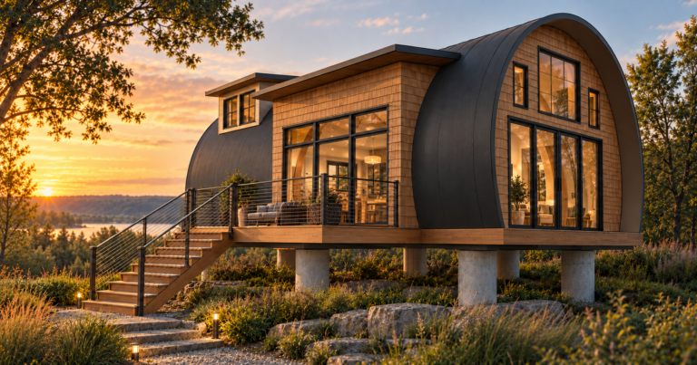 Barrel House affordable housing concept at sunset, with a curved shell, cedar siding, raised pier foundation and large windows.
