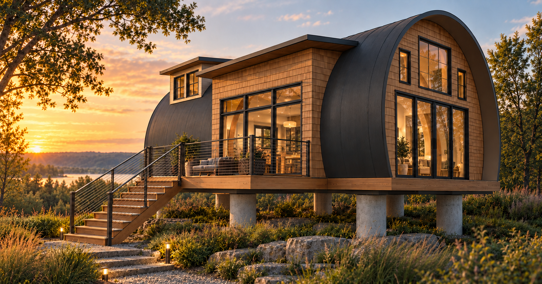 Barrel House affordable housing concept at sunset, with a curved shell, cedar siding, raised pier foundation and large windows.