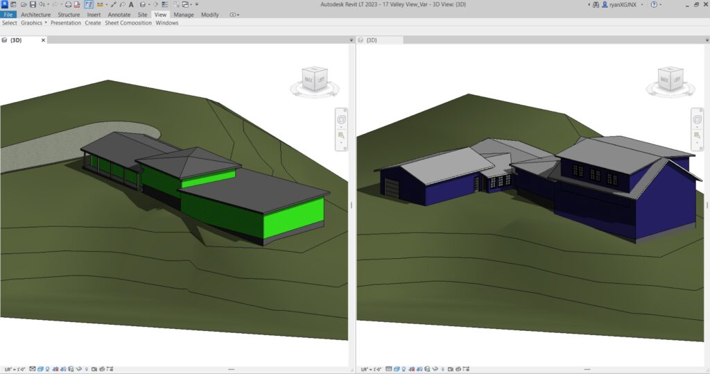 Early 2023 Revit site models showing a bluff-side home, proposed garage and addition positioned within LiDAR-derived terrain.