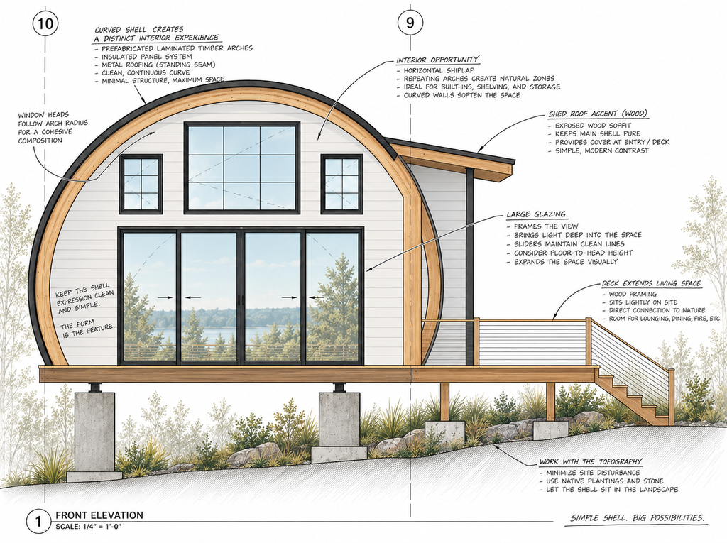 Annotated section view of a Barrel House showing the curved laminated-timber shell, opportunities for built-ins, large glazing, raised wood deck and adaptation to sloping terrain.