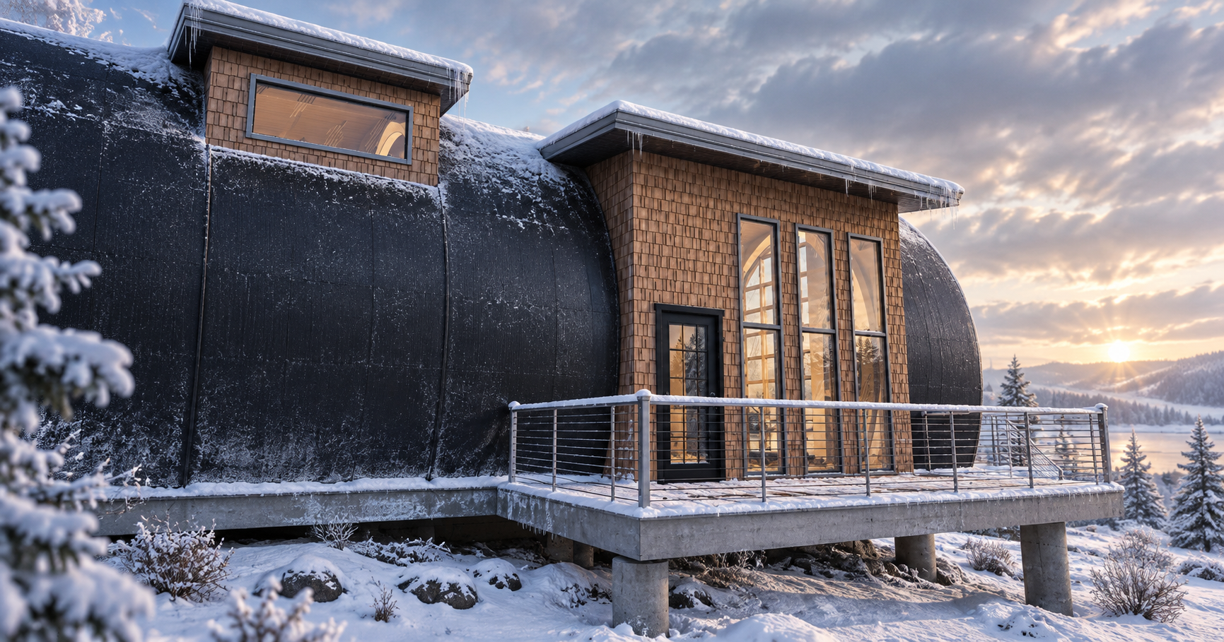 An exterior rendering showing the barrel house in an icy winter landscape.