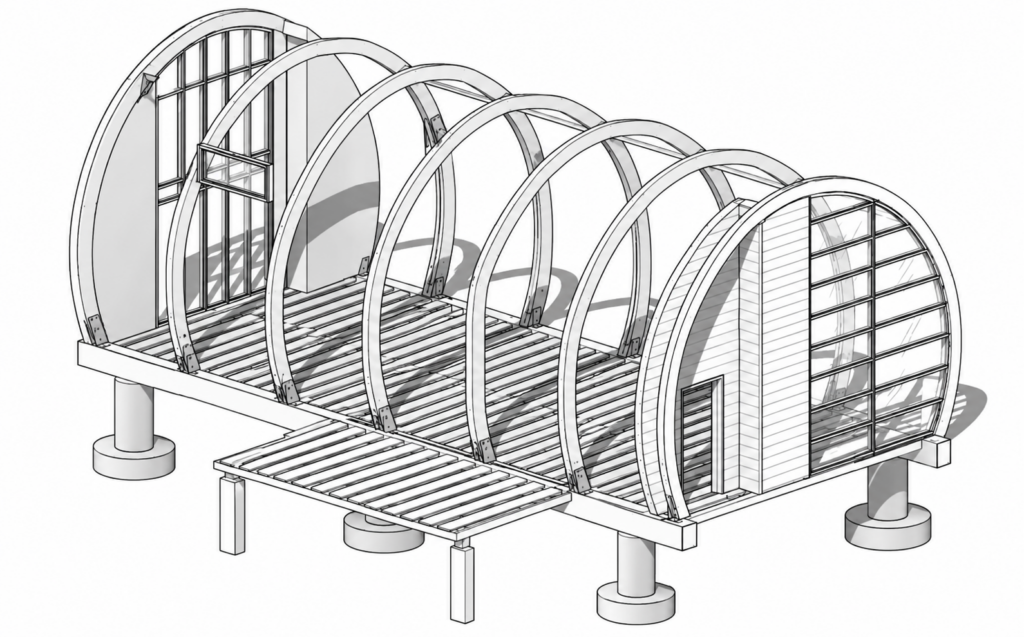Shelter 01 structural model showing repeated timber arches, floor framing, piers and the exposed building shell.