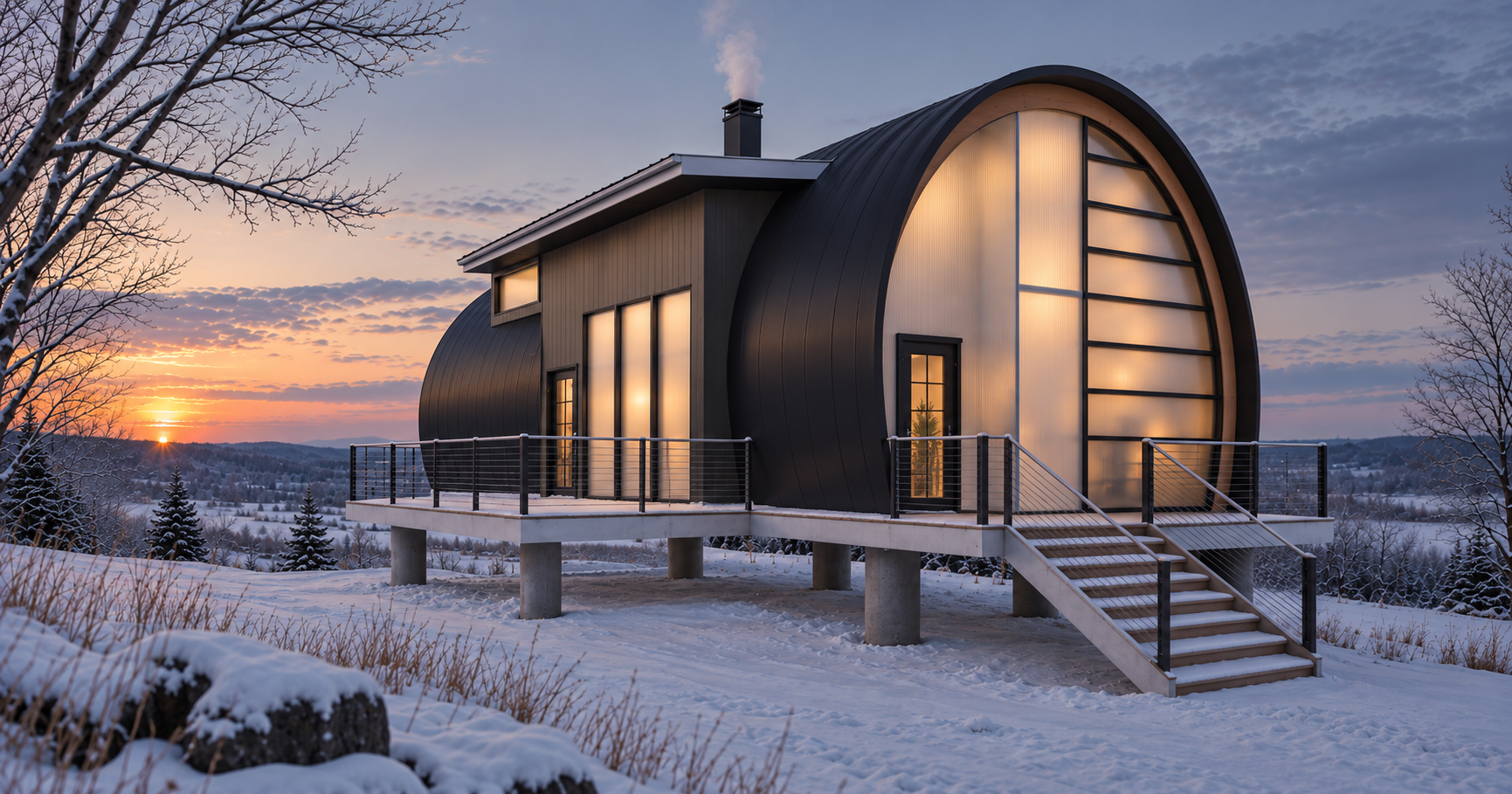 Exterior rendering of Shelter 01, a three-bedroom two-bath arched home concept by Camber Design Co.