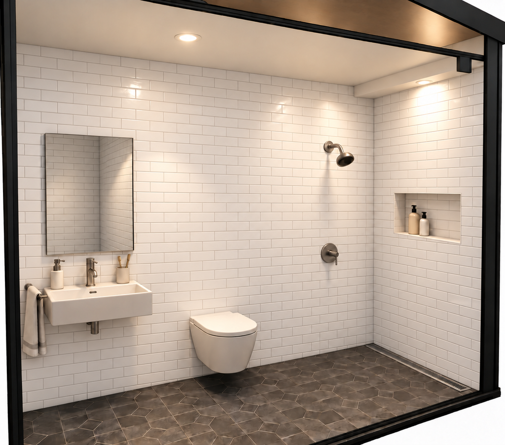 Bathroom cutaway with white subway tile, a wall-mounted sink and toilet, an open shower, recessed toiletry niche, and linear floor drain.