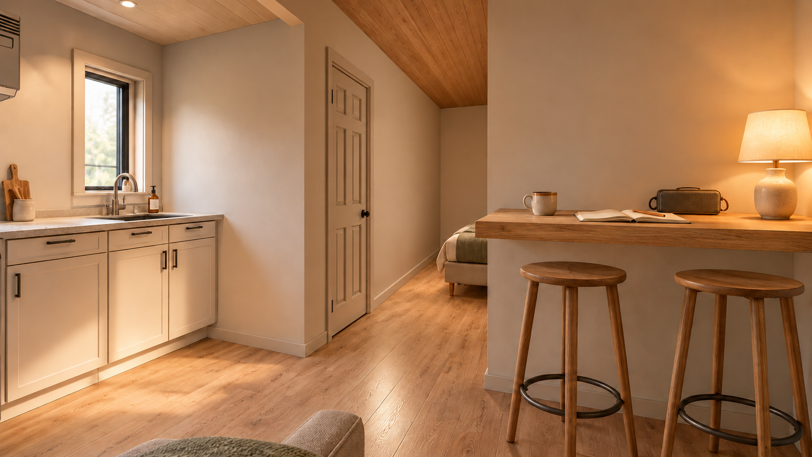 Tiny home interior with a kitchenette, sleeping nook, and a two-seat desk with a table lamp, notebook, and speaker.