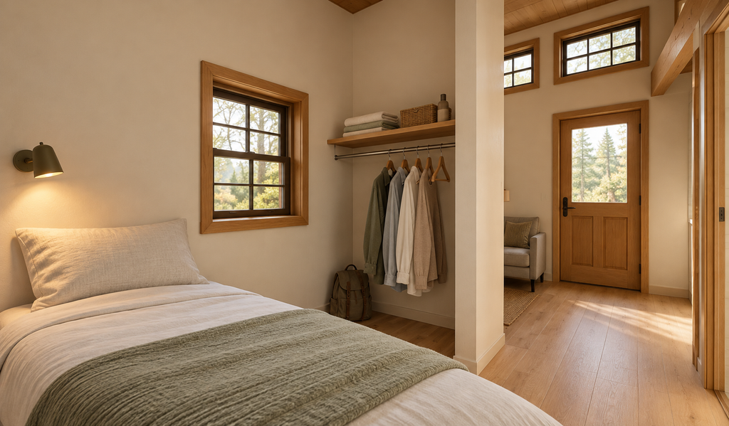 Sleeping nook with a reading light, open clothing storage, folded towels, and a backpack, separated from the entrance by a privacy wall.