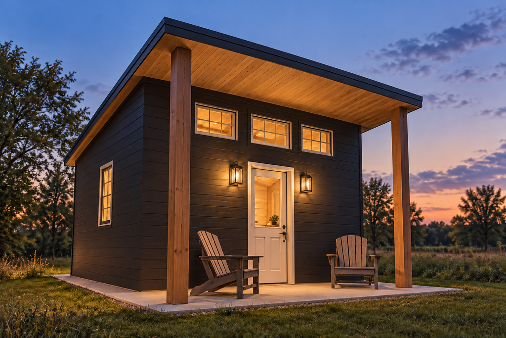 Tiny shelter home at dusk with charcoal siding, a wood porch canopy, two chairs, and a warmly lit entrance.