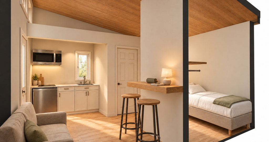 Cutaway of a tiny shelter home showing the kitchenette, couch, two-seat desk, and bed behind a privacy wall.